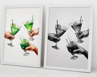 cheers print set of 2 bar cart print bar cart decor watercolour  kitchen wall art bar cart art trendy wall art digital print