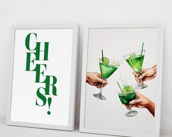 cheers print set of 2 bar cart print bar cart decor watercolour  kitchen wall art bar cart art trendy wall art digital print