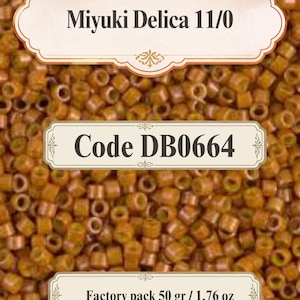 May include: A collection of small, cylindrical, metallic bronze-colored Miyuki Delica 11/0 beads. The image features text labels reading Miyuki Delica 11/0, Code DB0664, and Factory pack 50 gr / 1.76 oz, displayed over the dense pile of beads.