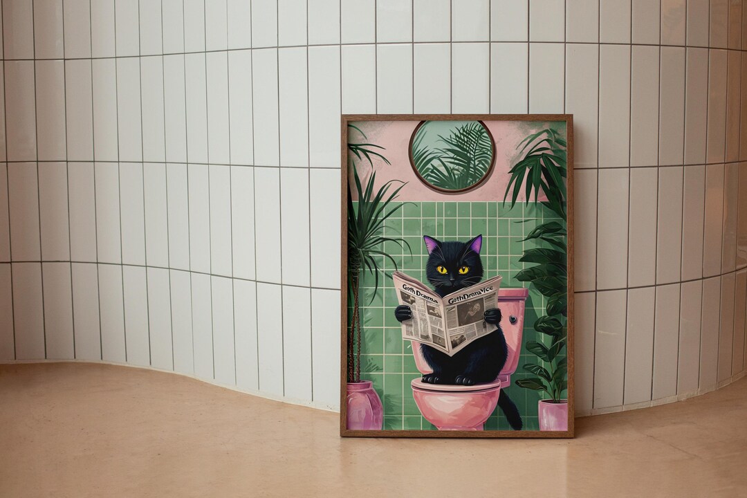 Black Cat Reading Newspaper Sitting on the Toilet Poster Wall Art ...