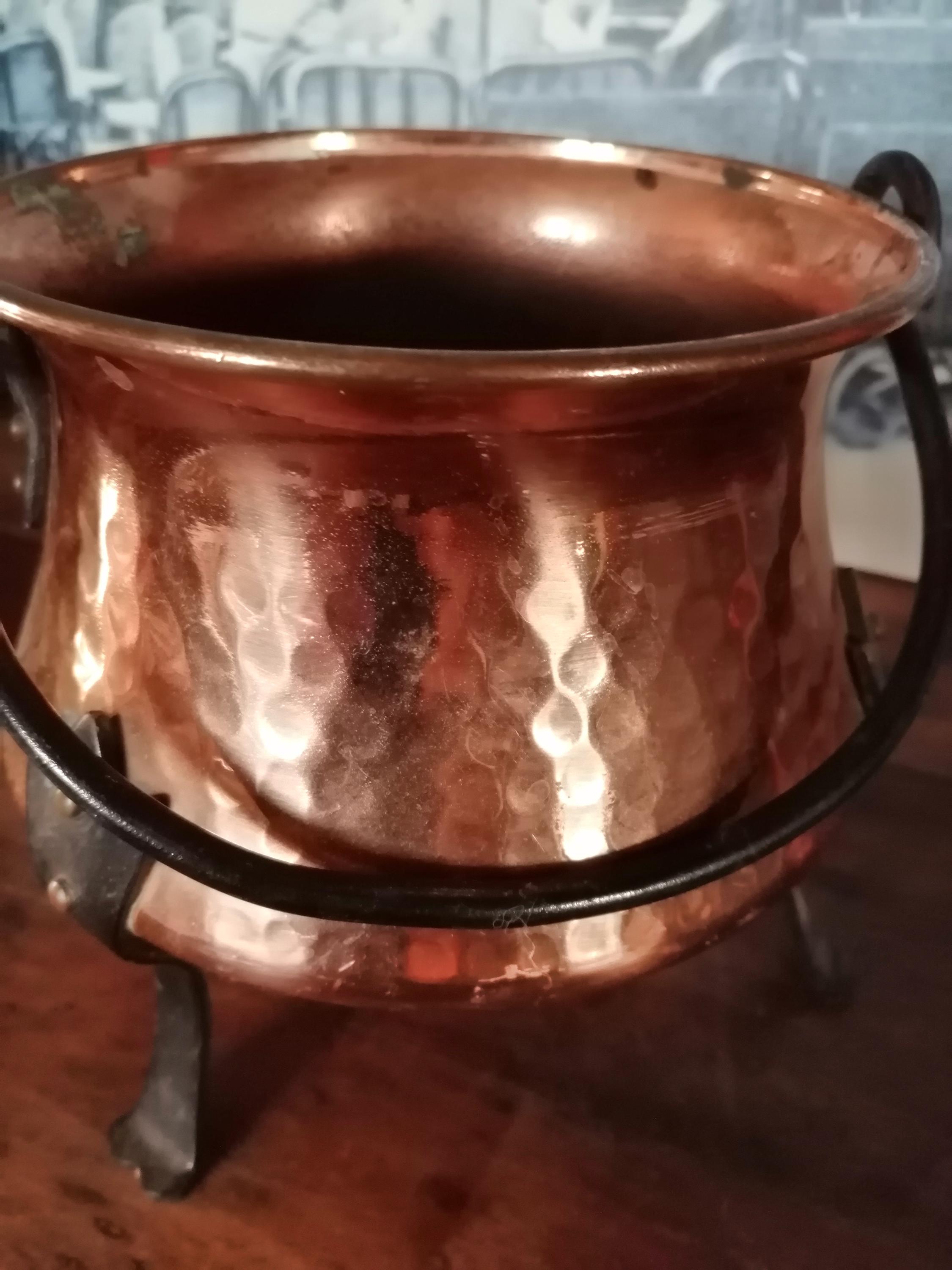 Copper Cauldron Cache Pot, Hand Hammered, Wrought Iron Feet and Handles ...
