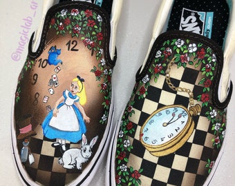 Vans Alice in Wonderland, hand-painted, custom vans, white rabbit