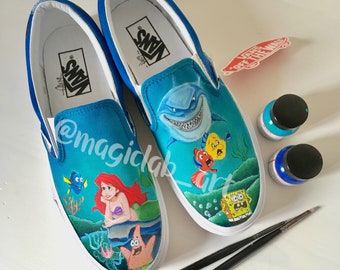 Sneakers, Vans, Disney custom, hand-painted Little Mermaid, Finding Nemo