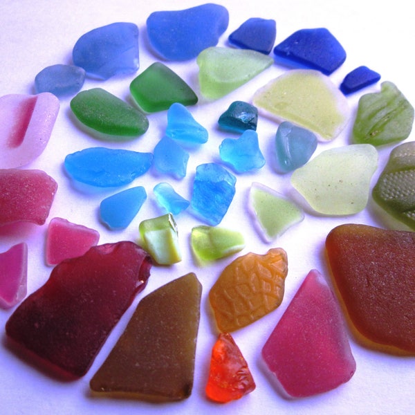 Rainbow Selection of 34 Real Scottish Sea Glass Fragments - includes rough flat red and yellow pieces, and turquoise chips.