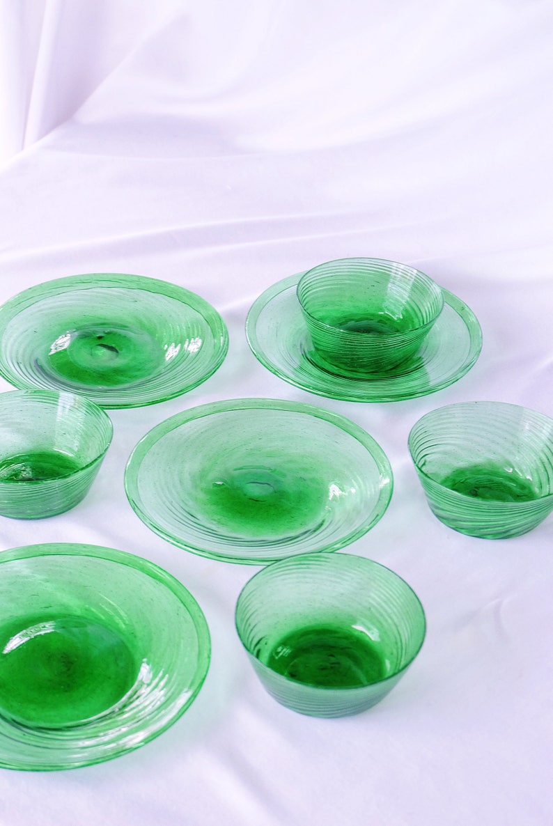 Handblown Glass Plates Green Bowls Vintage And Set Dessert Mid Century