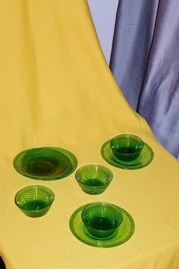 Handblown Glass Plates Green Bowls Vintage - Vintage Green Glass Dessert Plates Handblown Glass Plates Green Bowls Vintage - Vintage Green Glass Dessert Plates