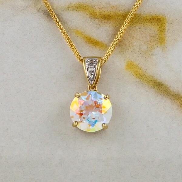 9ct Gold Moonlight Topaz and Diamond with Chain