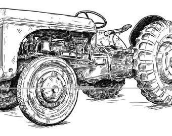 Trator antigo vintage Ford 9N, desenho digital de desenho animado, vetor EPS, download PNG e JPG
