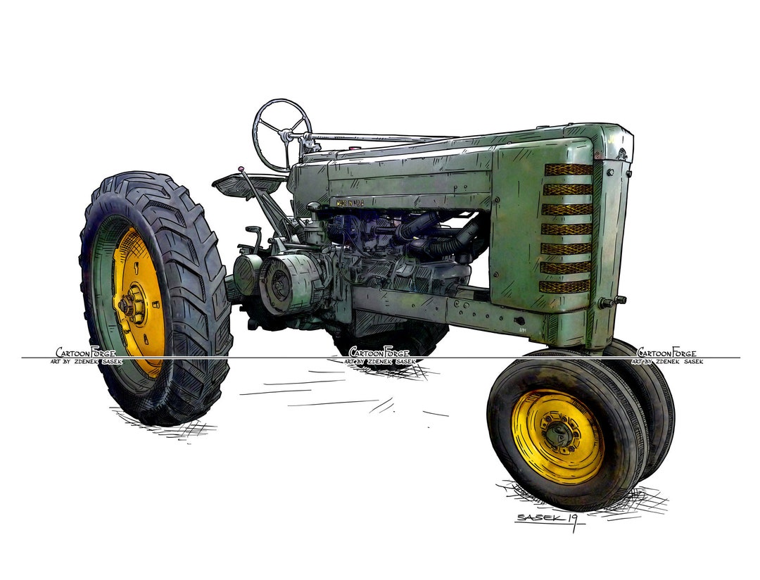 【JOHN DEERE】トラクター、レトロ、 Vintage Old Green Tractor John Deere A, Digital Cartoon