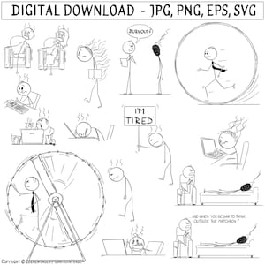 Op de afbeelding: Een zwart-wit cartoon illustratie met verschillende scenario's van burn-out en stress. Strikfiguren worden getoond in verschillende situaties, waaronder werken op een computer, rennen in een wiel en het vasthouden van een bord met de tekst "I'M TIRED". De tekst "DIGITAL DOWNLOAD" staat bovenaan.