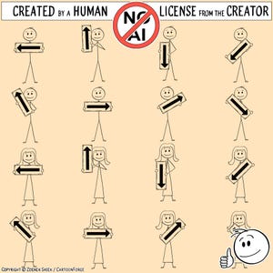 Set of 16 stickman, stick man or woman, stick figures or characters pointing in 8 directions. Digital download: JPG, PNG, vector EPS or svg.