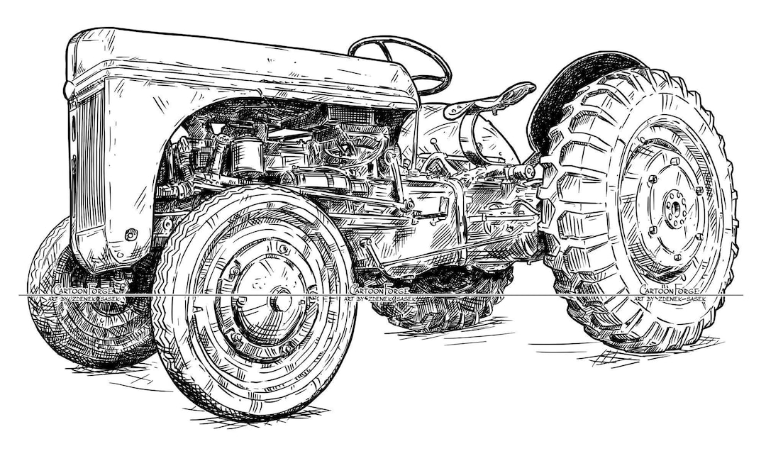 Vintage Old Tractor Ford 9N, Digital Cartoon Drawing, Vector EPS, PNG