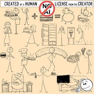 Set of 15 stickman, stick man, stick figure or stick characters with food or eating. Digital download in JPG, PNG or as vector EPS or svg.