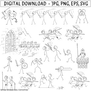 Clipart médiéval bonhomme allumette combat : épées, dagues (téléchargement numérique)