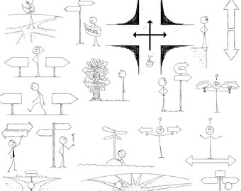 Stickman Arrows, Crossroad, Arrow Sign and Decision: 17 Stick Figure Images (Digital Download)