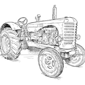 Vintage Oude Tractor Massey-Harris 745 ii, Digitale Cartoon Tekening, Vector EPS, PNG en JPG Downloaden