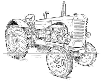 Trator antigo vintage Massey-Harris 745 ii, desenho digital de desenho animado, vetor EPS, download PNG e JPG
