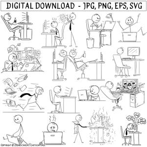 Stick Figure Office Clipart, Stickman Characters, Working on Computer (Digital Download)
