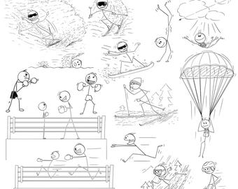 Stickman Boxing, Skiing, Snowboarding, skydiving, Ice Hockey: 15 Stick Figure Images (Digital Download)