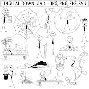 Business Stick Figure Clipart, Funny Poses, Vector EPS SVG (Digital Download)