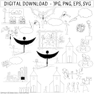 Stick Figure Heaven & Hell Clipart: Church, God, Angel SVG JPG (Digital Download)