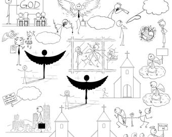 Stick Figure Heaven & Hell Clipart: Church, God, Angel SVG JPG (Digital Download)