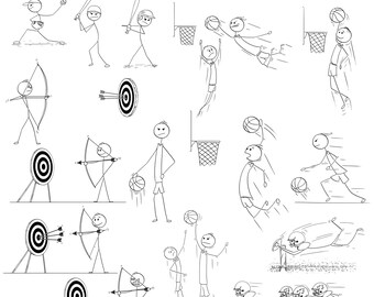Stickman Basketball, American Football, Baseball, Archery: 15 Stick Figure Images (Digital Download)