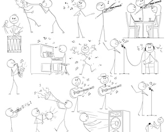 Stickman Musicians Clipart, Musical Instruments (svg, eps, png, jpg Digital Download)