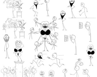Stick Figure Beauty and Self-care Clipart: Body, Hair and Mustache, Beard (Digital Download)