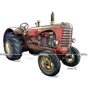 Red Vintage Old Tractor Massey-Harris 745 ii, Digital Cartoon Painting,  PNG and JPG Download