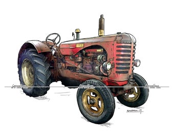 Trator antigo vintage vermelho Massey-Harris 745 ii, pintura digital de desenho animado, download PNG e JPG
