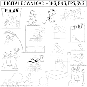 May include: A digital download graphic with various stick figure illustrations of athletic events. Scenes include running, hurdles, pole vaulting, and podiums. Text includes "DIGITAL DOWNLOAD - JPG, PNG, EPS, SVG", "FINISH", "START", and numbers 1, 2, and 3.