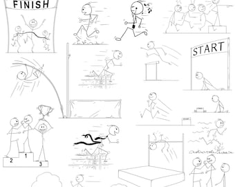 Stickman Pole Vault, High Jump and Run: 16 Stick Figure Images (Digital Download)