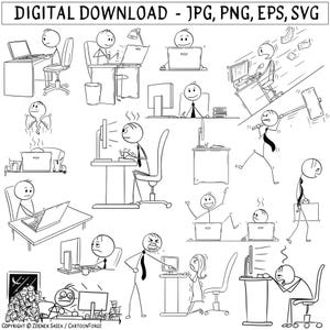 Klipart biurowy Stickman, postacie w ruchu, wektor EPS, PNG, JPG (pobieranie cyfrowe)