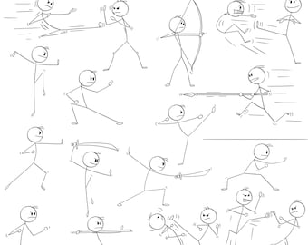 Stick Figure Kung Fu Fight Clipart: Karate, Swords (Digital Download)