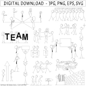 Peut inclure: Une collection d'illustrations en noir et blanc représentant des personnages en bâton effectuant diverses activités d'équipe, comme porter le mot TEAM, une poutre, des engrenages et un mur. Le texte inclut DIGITAL DOWNLOAD - JPG, PNG, EPS, SVG.