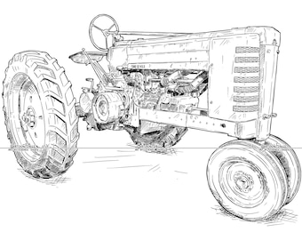 Trator antigo vintage John Deere A, desenho digital de desenho animado, vetor EPS, download PNG e JPG
