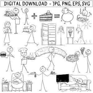 Imágenes prediseñadas de comida con figuras de palitos, personajes divertidos (descarga digital)