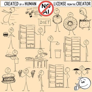 Set of 15 stickman, stick man, stick figure or stick characters with food or eating. Digital download in JPG, PNG or as vector EPS or svg.