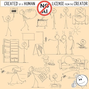 Set of 15 stickman, stick man, stick figure or stick characters with food or eating. Digital download in JPG, PNG or as vector EPS or svg.