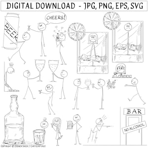 Clipart de figura de palo bebiendo alcohol: Gráficos vectoriales de stickman bebiendo (descarga digital)
