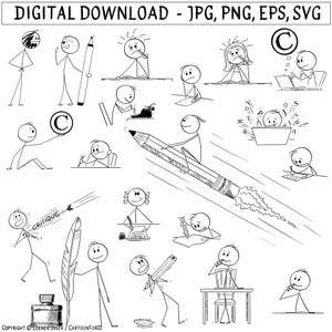 Könnte beinhalten: Schwarz-Weiß-Cartoon-Illustrationen von Strichmännchen, die sich mit Schreiben und kreativen Aktivitäten beschäftigen. Das Bild enthält den Text "DIGITALER DOWNLOAD - JPG, PNG, EPS, SVG" und "COPYRIGHT ZDENEK SASEK / CARTOONFORGE."