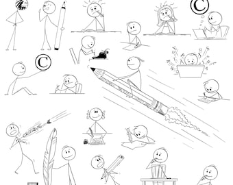 Writing Book Stick Figure Clipart: Author With Pen or Typewriter (Digital Download)