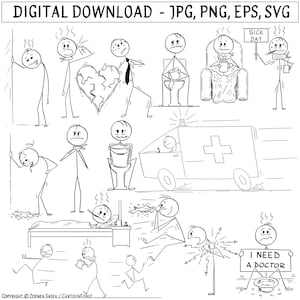 Ensemble de cliparts SVG Stickman malade, personnages de dessins animés (téléchargement numérique)
