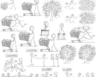 Stick Figure Buy and Sell Clipart: Client, Customer and Business (Digital Download)