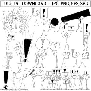 May include: A black and white cartoon illustration with stick figures and exclamation points. The phrase "DIGITAL DOWNLOAD - JPG, PNG, EPS, SVG" is at the top. Various figures hold signs with exclamation marks or question marks.