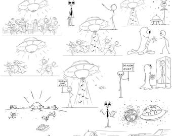 Alien UFO Invasion Stick Figure Clipart: Space Invaders in Flying Saucer (Digital Download)