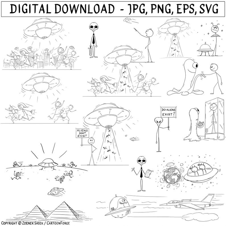 Alien UFO Invasion Stick Figure Clipart: Space Invaders in Flying ...