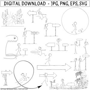May include: A black and white cartoon illustration with various stick figures interacting with directional signs and arrows. The phrase "DIGITAL DOWNLOAD - JPG, PNG, EPS, SVG" is at the top. The image includes the text "THIS WAY" on a sign.