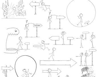 Stick Figure Clipart, Follow Arrows, Signs, Find Your Way Forward (Digital Download)